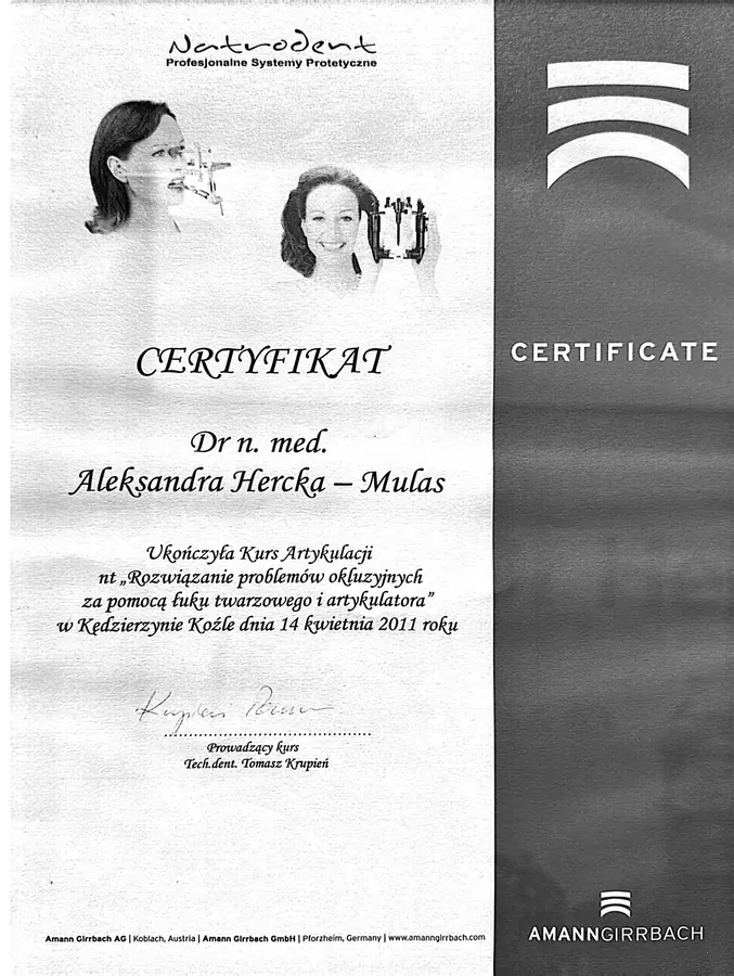 Certyfikat dr Aleksandry Hercki-Mulas nr 1
