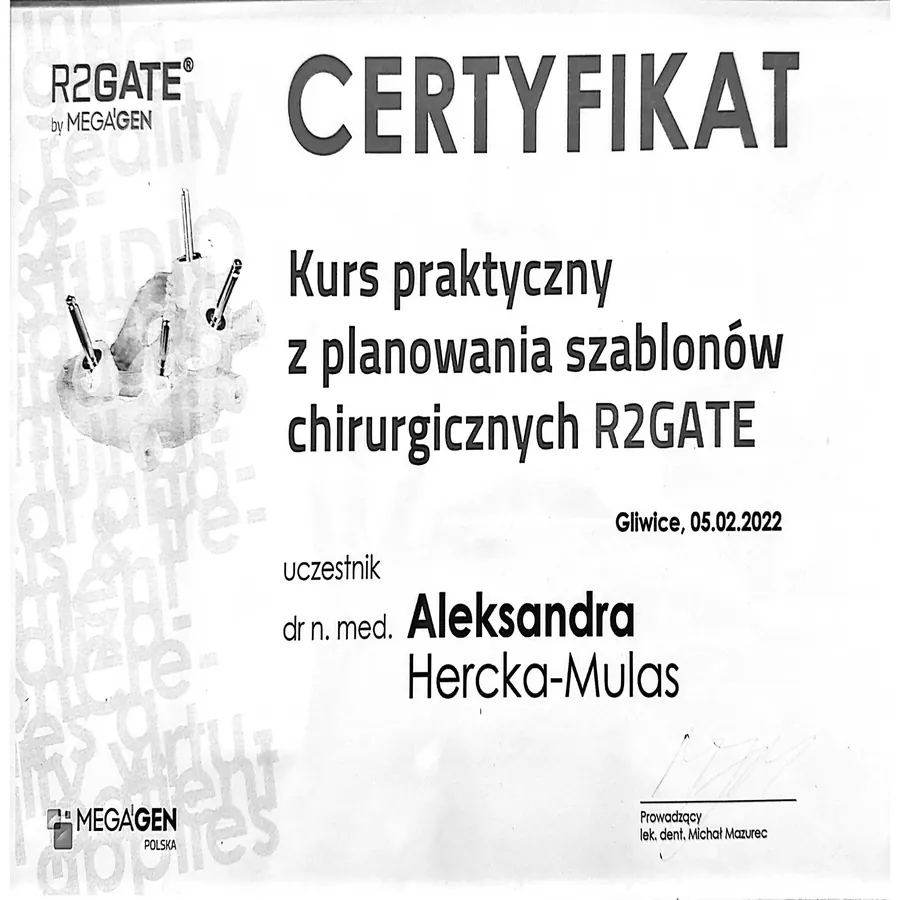 Certyfikat dr Aleksandry Hercki-Mulas nr 5