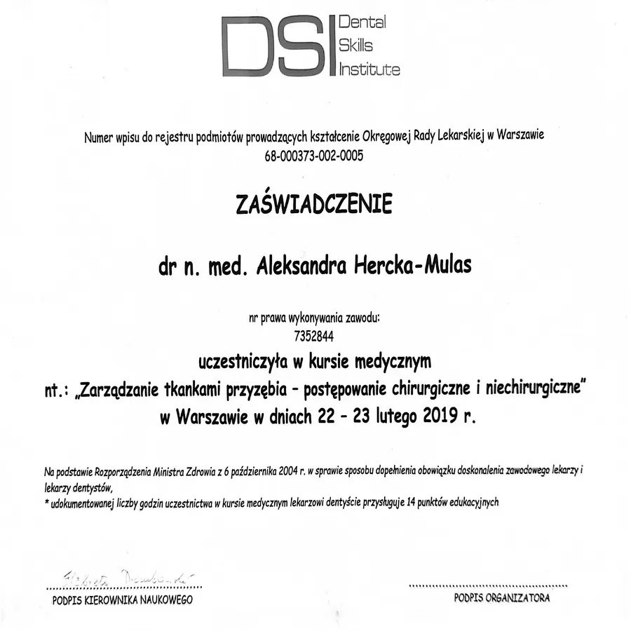 Certyfikat dr Aleksandry Hercki-Mulas nr 6