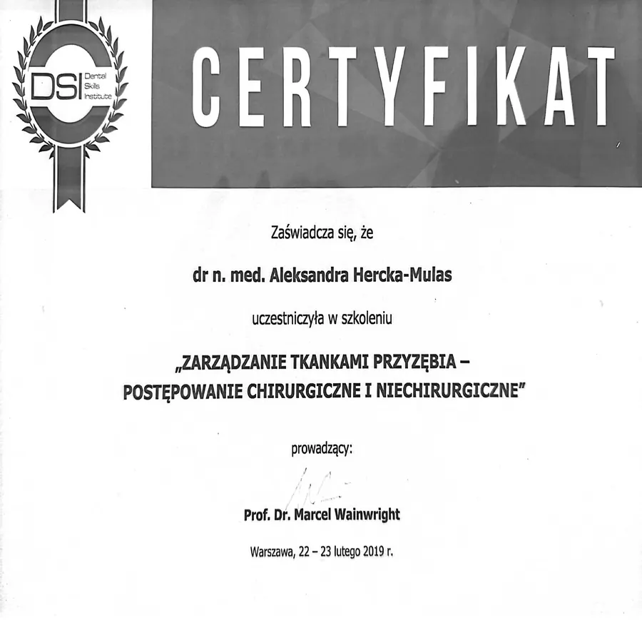 Certyfikat dr Aleksandry Hercki-Mulas nr 7