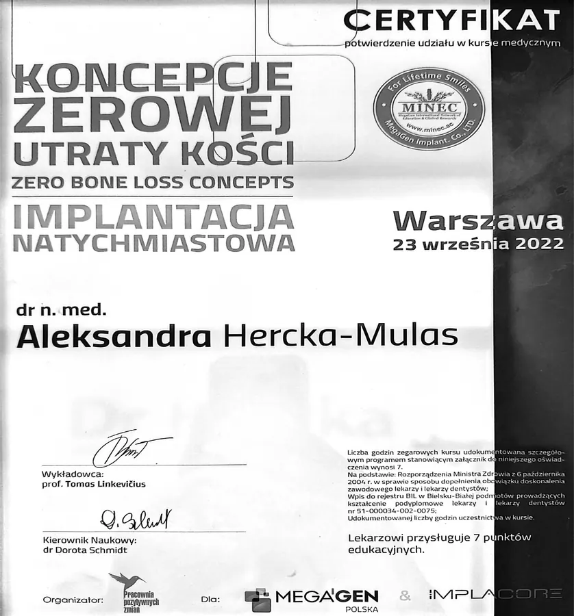Certyfikat dr Aleksandry Hercki-Mulas nr 8